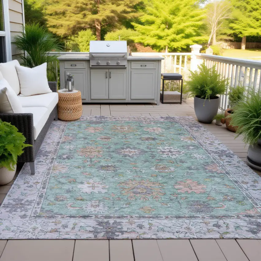 Mint Green Peach And Pale Aqua Floral Washable Indoor Outdoor Area Rug Photo 5