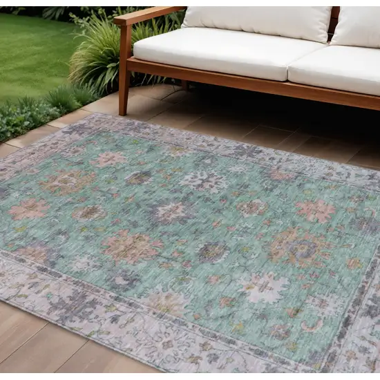 Mint Green Peach And Pale Aqua Floral Washable Indoor Outdoor Area Rug Photo 2