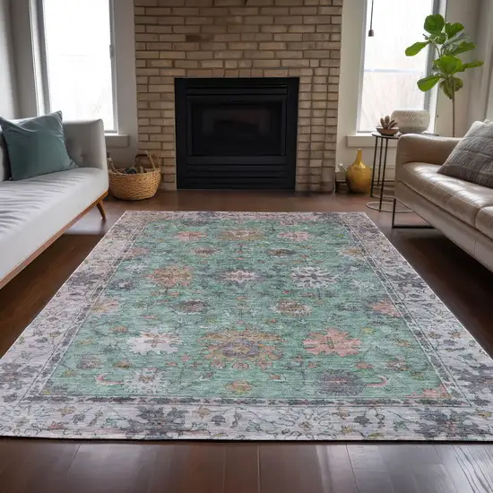 Mint Green Peach And Pale Aqua Floral Washable Indoor Outdoor Area Rug Photo 7