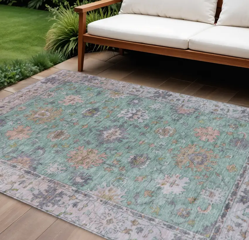 Mint Green Peach And Pale Aqua Floral Washable Indoor Outdoor Area Rug Photo 2