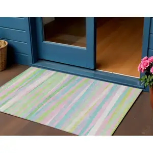 Photo of Mint Green Pink And Blue Striped Washable Indoor Outdoor Area Rug