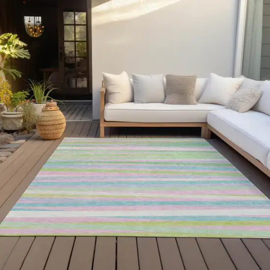 Mint Green Pink And Blue Striped Washable Indoor Outdoor Area Rug Photo 8