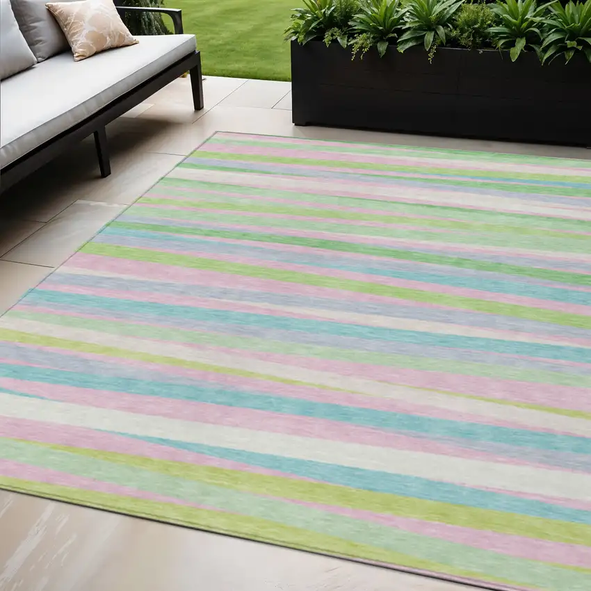 Mint Green Pink And Blue Striped Washable Indoor Outdoor Area Rug Photo 1