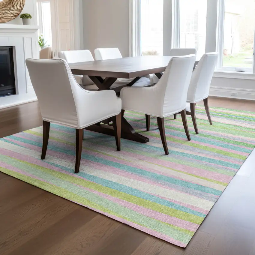 Mint Green Pink And Blue Striped Washable Indoor Outdoor Area Rug Photo 8