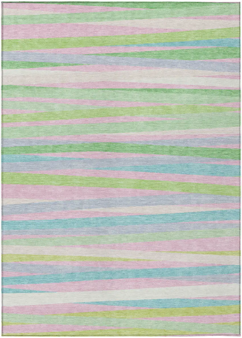 Mint Green Pink And Blue Striped Washable Indoor Outdoor Area Rug Photo 1