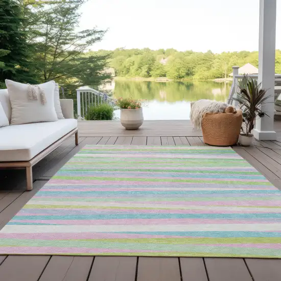 Mint Green Pink And Blue Striped Washable Indoor Outdoor Area Rug Photo 9