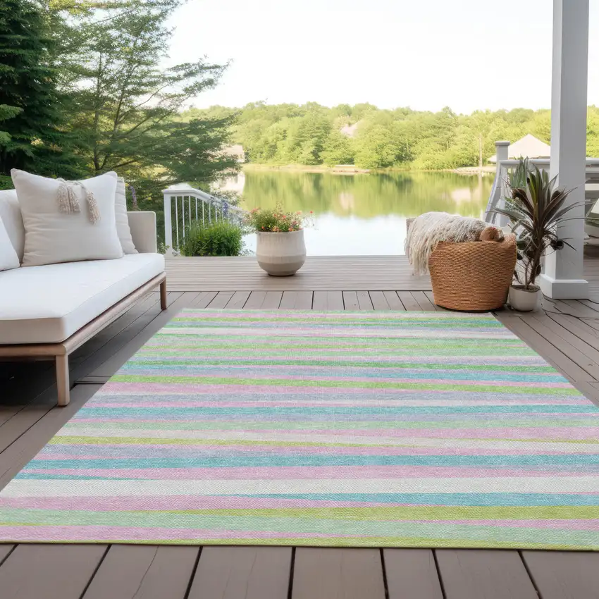 Mint Green Pink And Blue Striped Washable Indoor Outdoor Area Rug Photo 9
