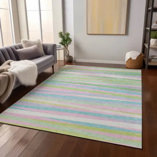 Mint Green Pink And Blue Striped Washable Indoor Outdoor Area Rug Photo 8