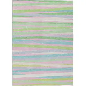Photo of Mint Green Pink And Blue Striped Washable Indoor Outdoor Area Rug