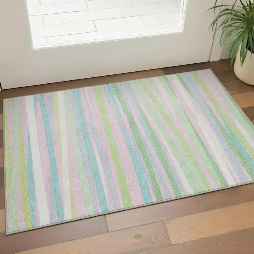 Mint Green Pink And Teal Striped Washable Area Rug With UV Protection Photo 2
