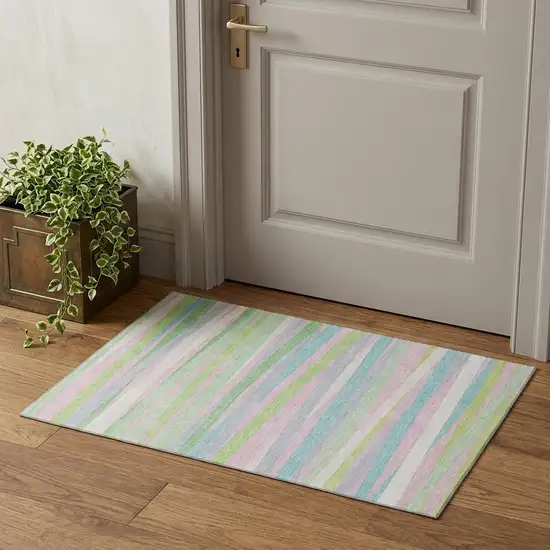 Mint Green Pink And Teal Striped Washable Area Rug With UV Protection Photo 1