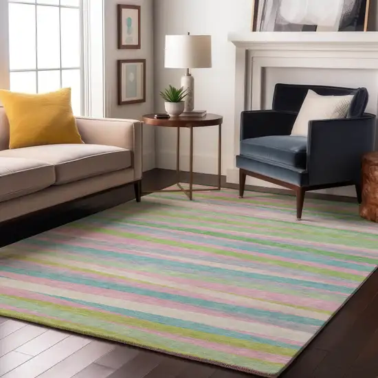 Mint Green Pink And Teal Striped Washable Area Rug With UV Protection Photo 3