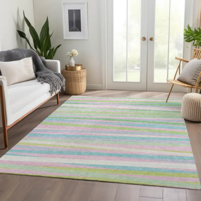 Mint Green Pink And Teal Striped Washable Area Rug With UV Protection Photo 4
