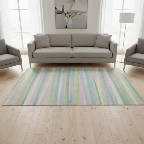 Mint Green Pink And Teal Striped Washable Area Rug With UV Protection Photo 2