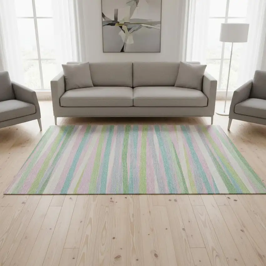 Mint Green Pink And Teal Striped Washable Area Rug With UV Protection Photo 2