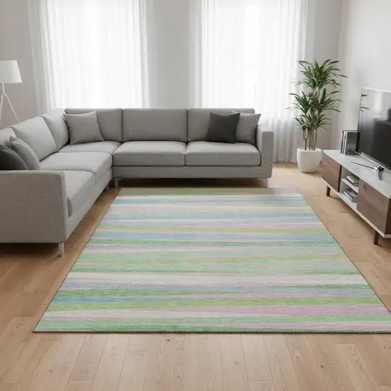 Mint Green Pink And Teal Striped Washable Area Rug With UV Protection Photo 2