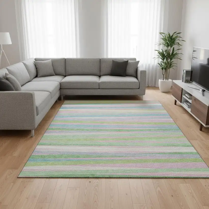 Mint Green Pink And Teal Striped Washable Area Rug With UV Protection Photo 2