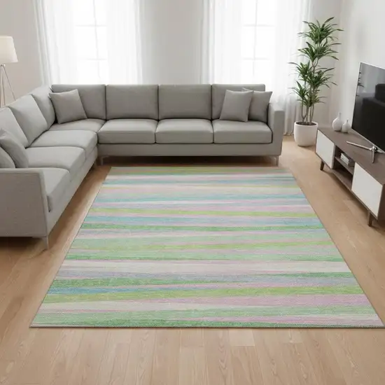 Mint Green Pink And Teal Striped Washable Area Rug With UV Protection Photo 2