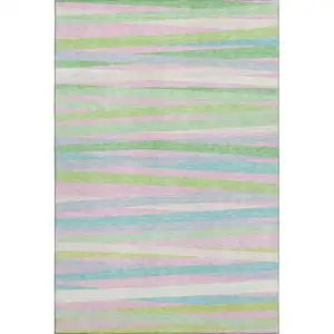 Photo of Mint Green Pink And Teal Striped Washable Area Rug With UV Protection
