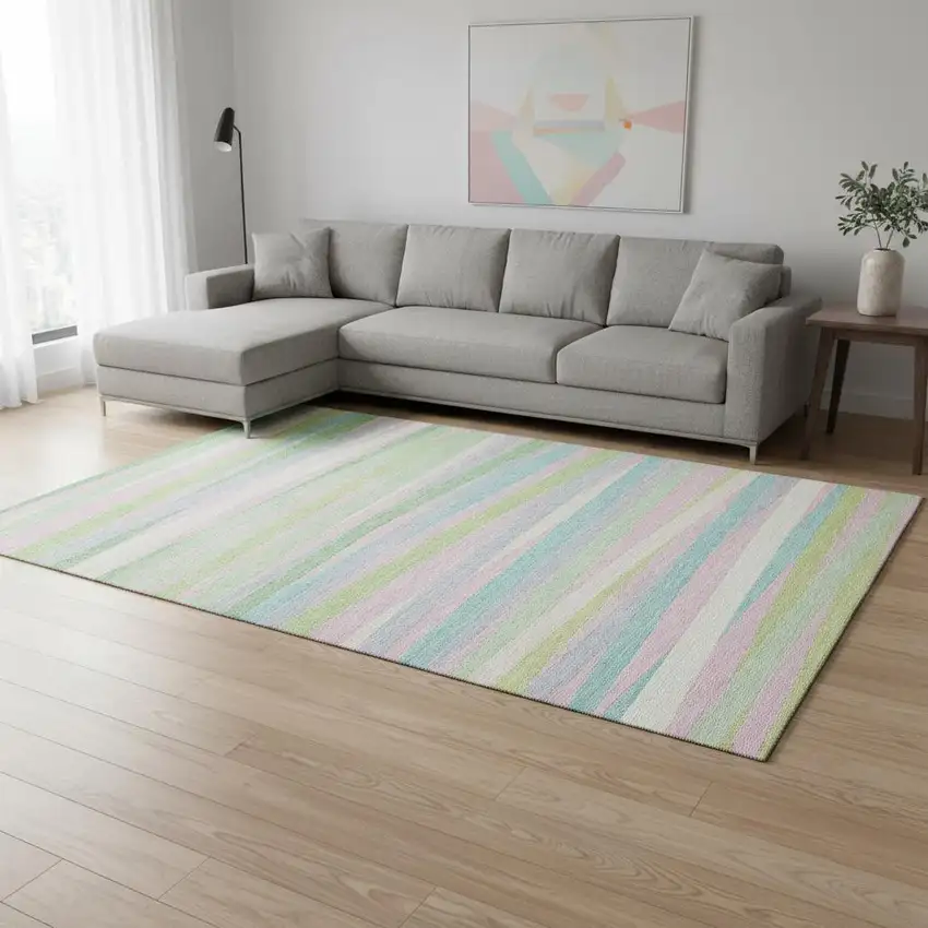 Mint Green Pink And Teal Striped Washable Area Rug With UV Protection Photo 2