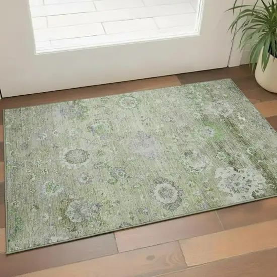 Mint Green Purple And Beige Floral Washable Area Rug With UV Protection Photo 2