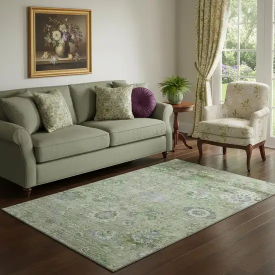 Mint Green Purple And Beige Floral Washable Area Rug With UV Protection Photo 2