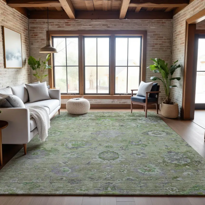 Mint Green Purple And Beige Floral Washable Area Rug With UV Protection Photo 5