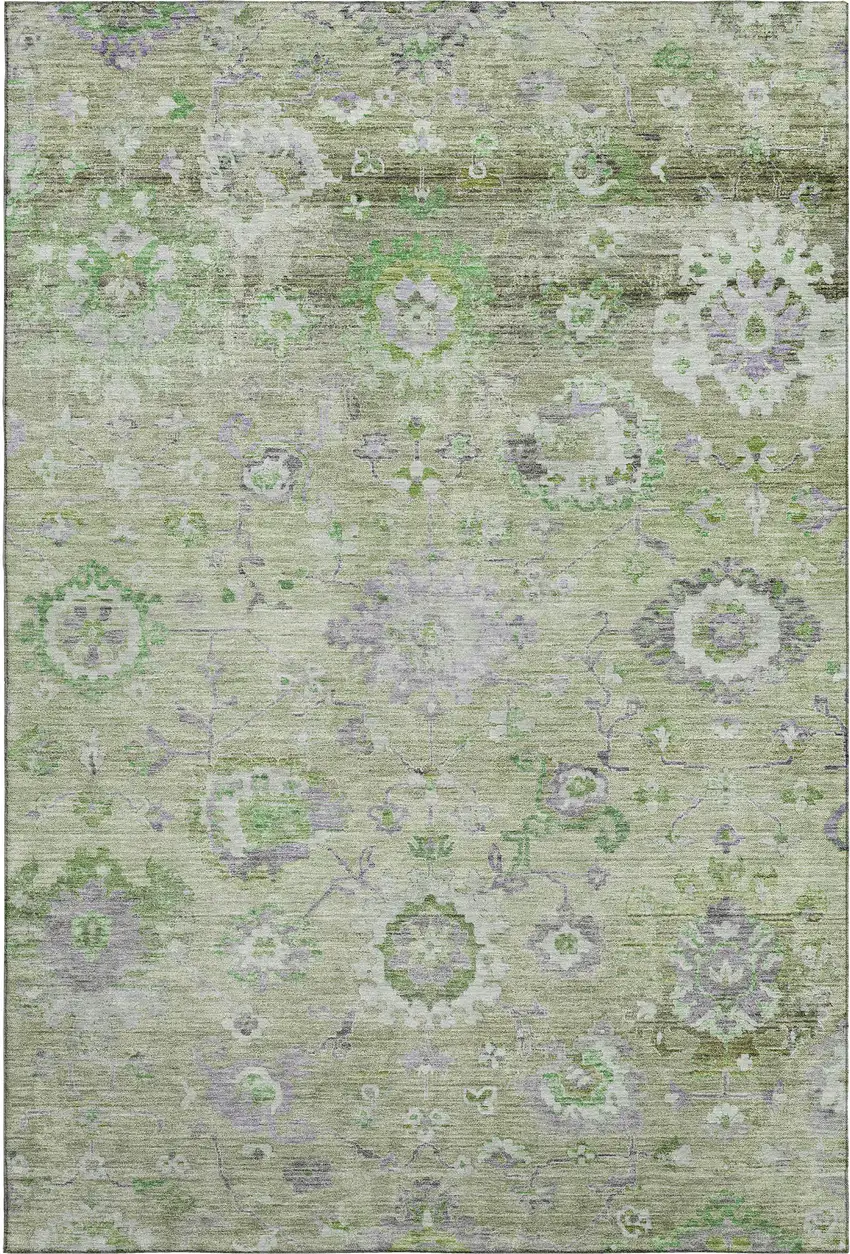 Mint Green Purple And Beige Floral Washable Area Rug With UV Protection Photo 1