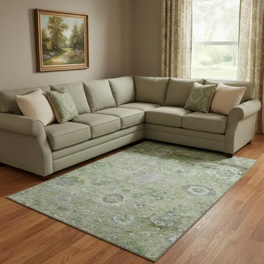 Mint Green Purple And Beige Floral Washable Area Rug With UV Protection Photo 2