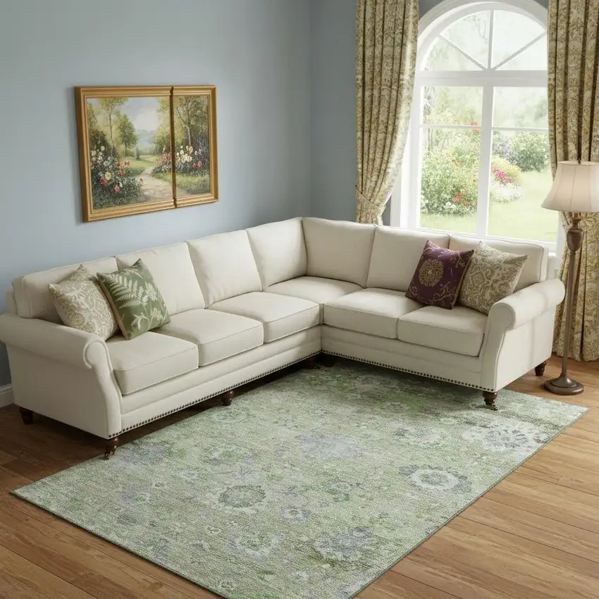 Mint Green Purple And Beige Floral Washable Area Rug With UV Protection Photo 2