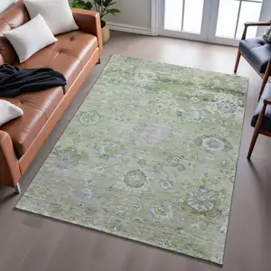 Photo of Mint Green Purple And Beige Floral Washable Area Rug With UV Protection