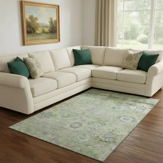 Mint Green Purple And Beige Floral Washable Area Rug With UV Protection Photo 2