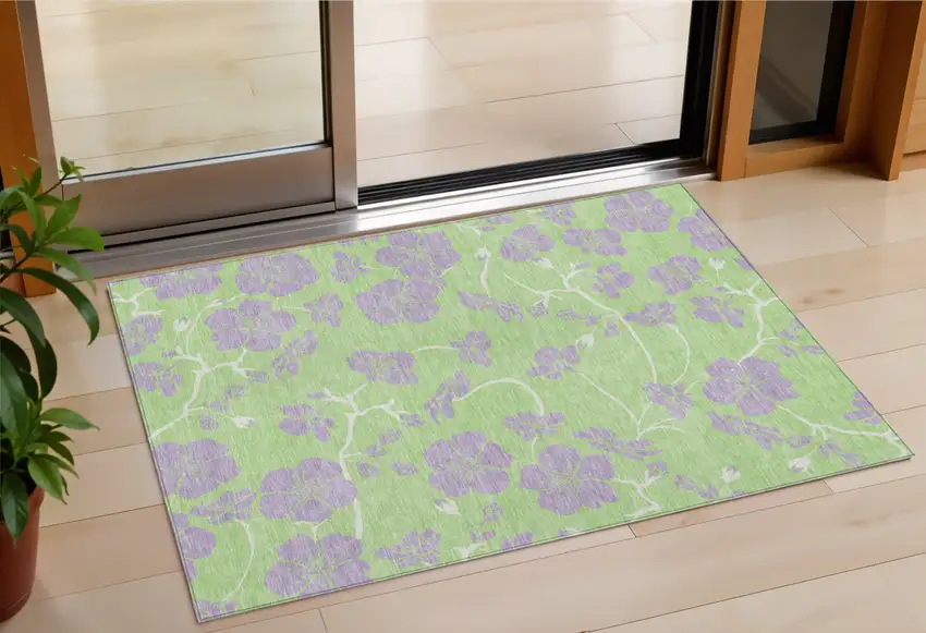 Mint Green Purple And Ivory Floral Washable Indoor Outdoor Area Rug Photo 1