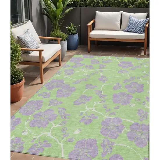 Mint Green Purple And Ivory Floral Washable Indoor Outdoor Area Rug Photo 1
