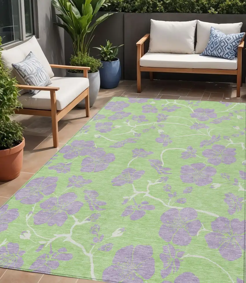 Mint Green Purple And Ivory Floral Washable Indoor Outdoor Area Rug Photo 1