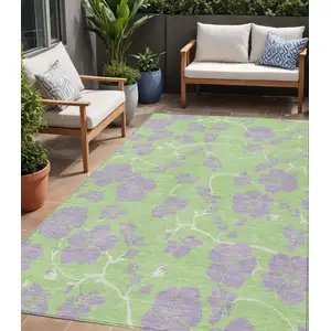 Photo of Mint Green Purple And Ivory Floral Washable Indoor Outdoor Area Rug