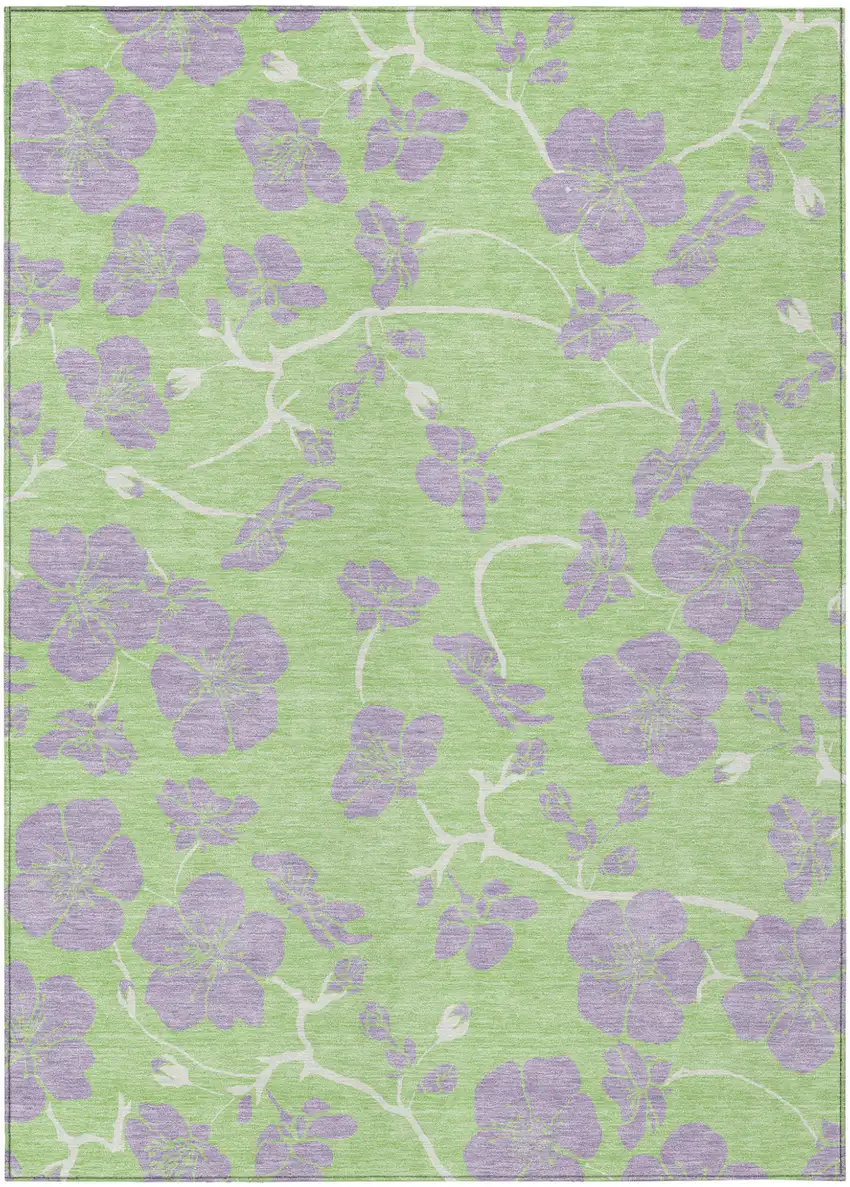 Mint Green Purple And Ivory Floral Washable Indoor Outdoor Area Rug Photo 2