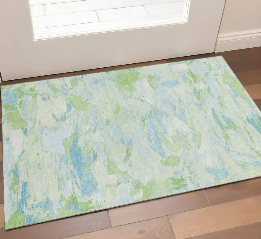 Mint Green Sky Blue And Ivory Abstract Washable Area Rug With UV Protection Photo 1