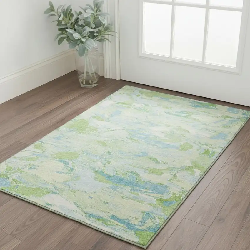 Mint Green Sky Blue And Ivory Abstract Washable Area Rug With UV Protection Photo 2