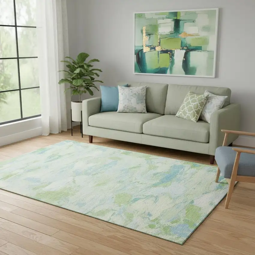 Mint Green Sky Blue And Ivory Abstract Washable Area Rug With UV Protection Photo 2