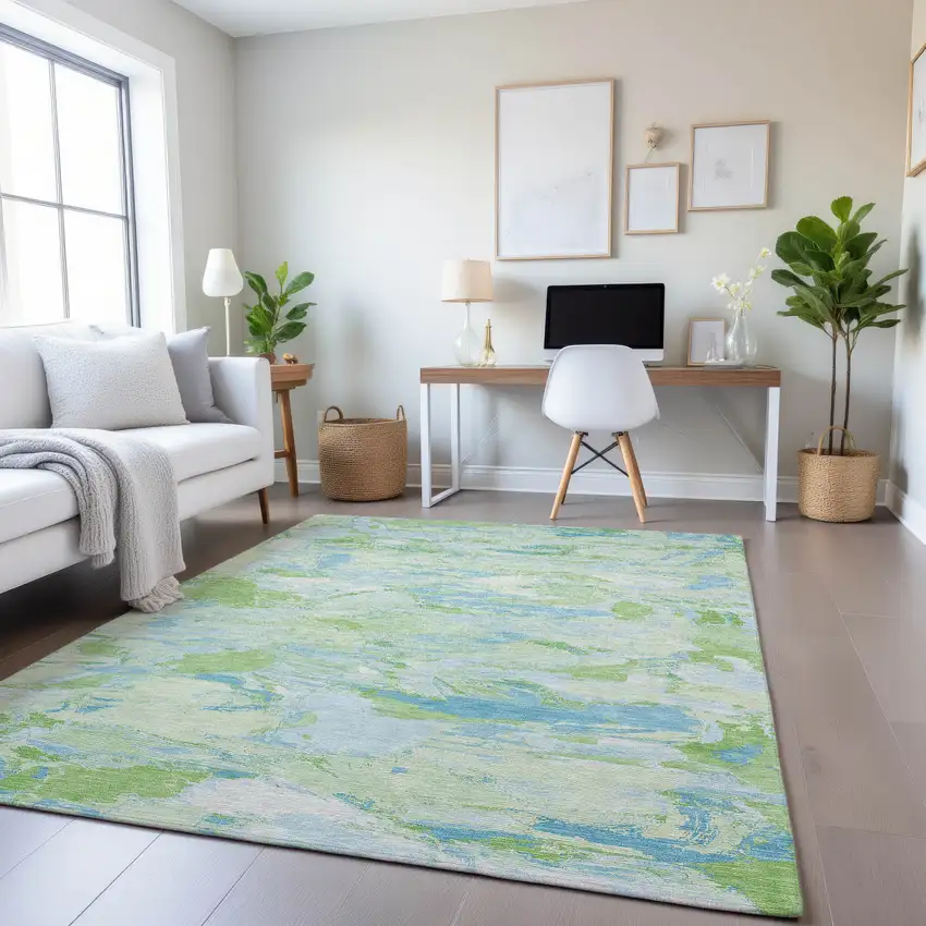 Mint Green Sky Blue And Ivory Abstract Washable Area Rug With UV Protection Photo 3
