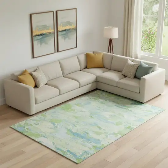 Mint Green Sky Blue And Ivory Abstract Washable Area Rug With UV Protection Photo 2