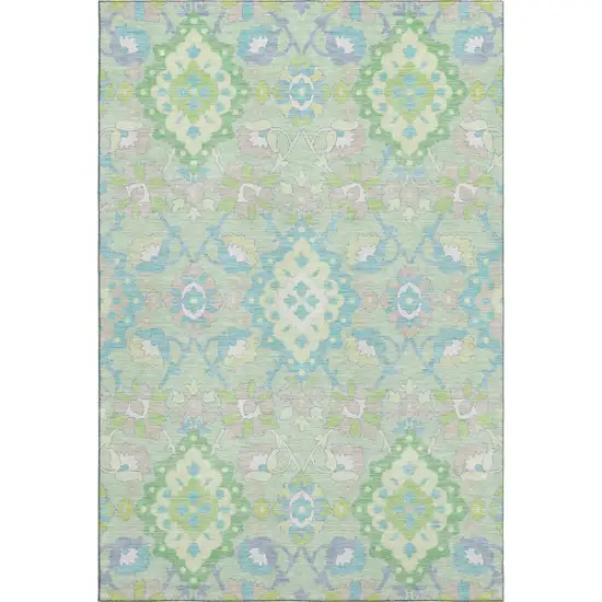 Mint Green Teal And Lavender Oriental Washable Area Rug With UV Protection Photo 1