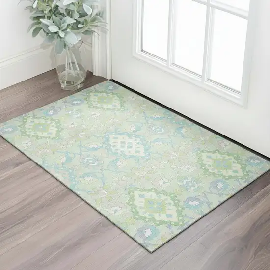 Mint Green Teal And Lavender Oriental Washable Area Rug With UV Protection Photo 2