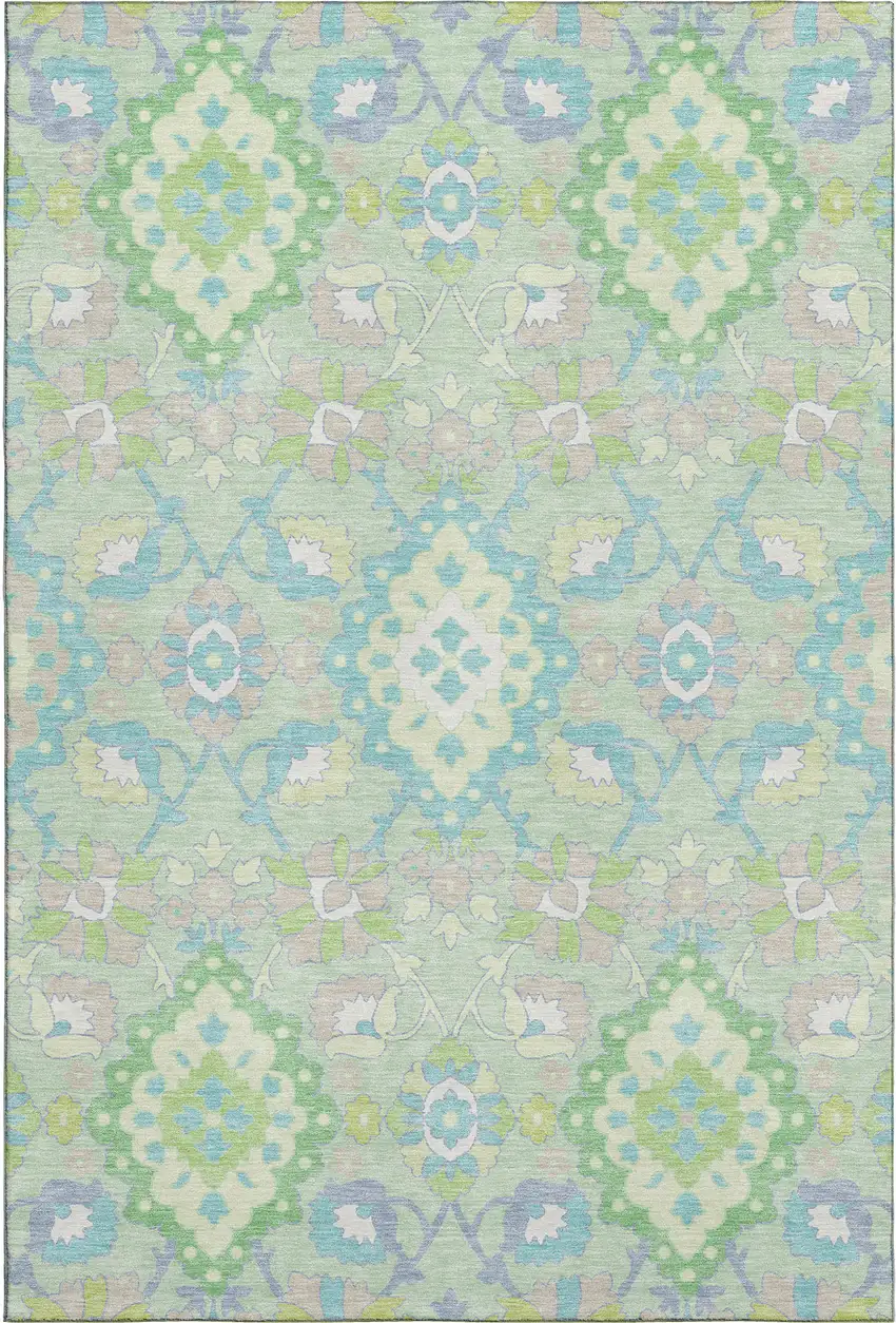 Mint Green Teal And Lavender Oriental Washable Area Rug With UV Protection Photo 1