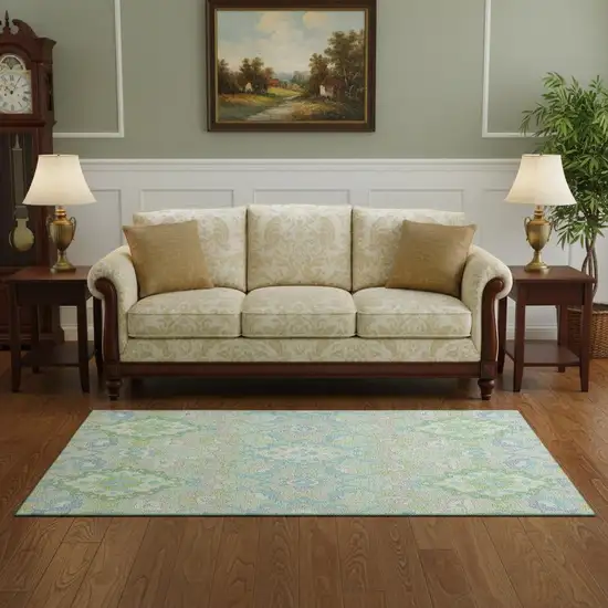 Mint Green Teal And Lavender Oriental Washable Area Rug With UV Protection Photo 2