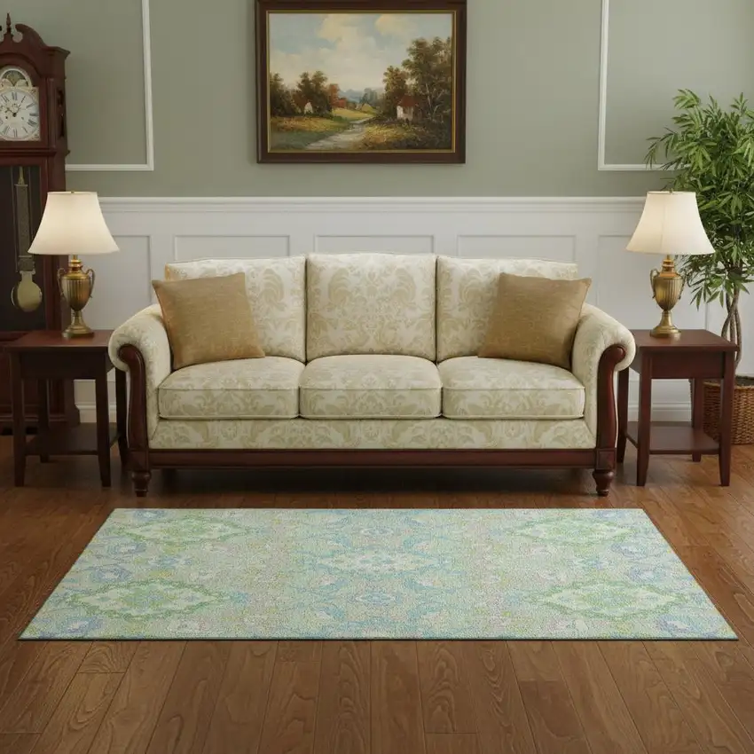 Mint Green Teal And Lavender Oriental Washable Area Rug With UV Protection Photo 2