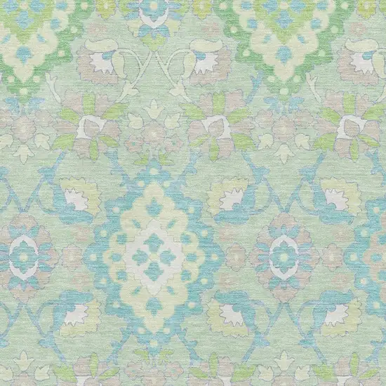 Mint Green Teal And Lavender Oriental Washable Area Rug With UV Protection Photo 2