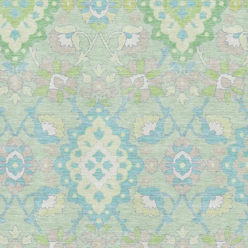 Mint Green Teal And Lavender Oriental Washable Area Rug With UV Protection Photo 2