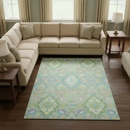 Mint Green Teal And Lavender Oriental Washable Area Rug With UV Protection Photo 2